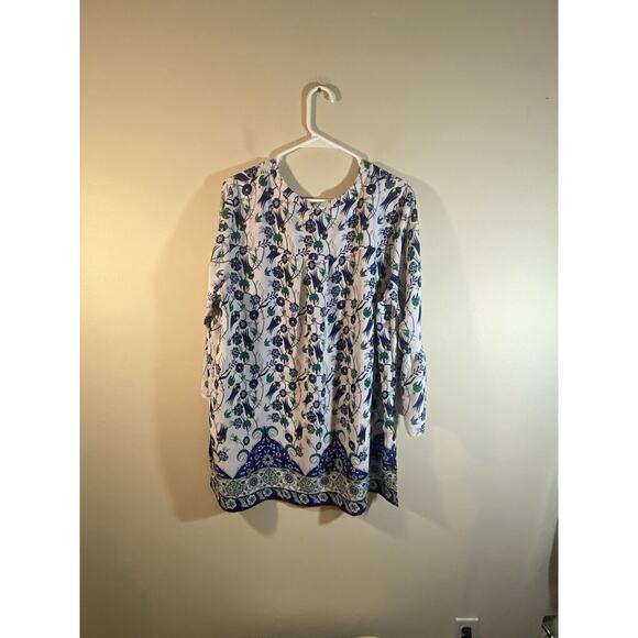 Liz Claiborne Career Floral Lightweight Split Neck Ruffle Cuffs Tunic Top XL - Picture 2 of 10